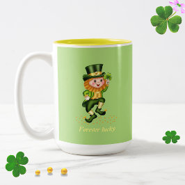 Forever Lucky Green Gnome & Monogram on Lime Green Zweifarbige Tasse