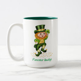 Forever Lucky Green Gnome & Monogram Zweifarbige Tasse