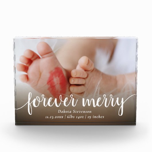 Forever Merry | Lässiges Script Birth Stat Keepake Fotoblock (Vorderseite)