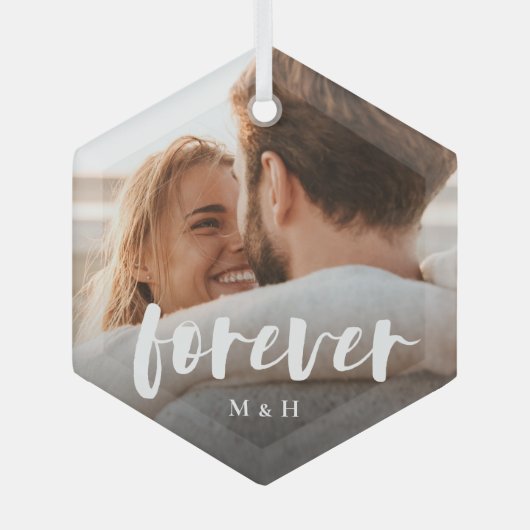 Forever Script Overlay Personalisierte Paare Foto Ornament Aus Glas (Vorderseite)