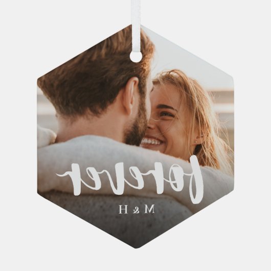 Forever Script Overlay Personalisierte Paare Foto Ornament Aus Glas (Rückseite)