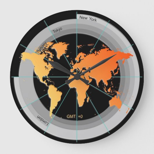 Forex Markets Timezone Clock GMT+0 hr Orange Contr Große Wanduhr (Vorderseite)