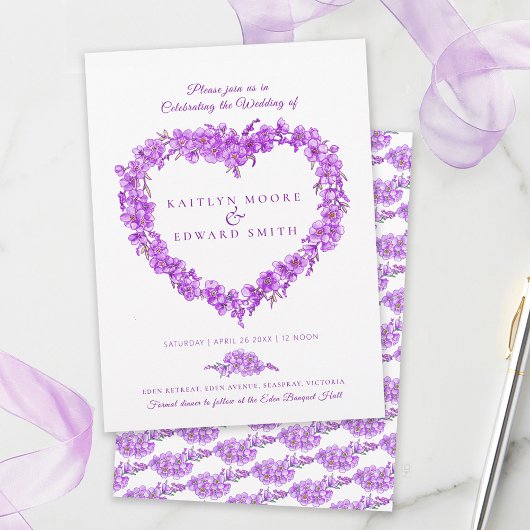 Forget-me-not heart art wedding purple white einladung