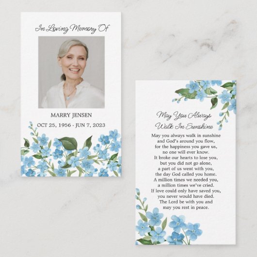 Forget me not Memorial Photo Funeral Prayer Card Visitenkarte (Vorne/Hinten)