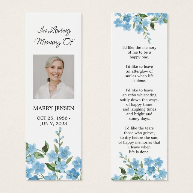 Forget me not Photo Funeral Memorial Bookmark (Vorne & Hinten)
