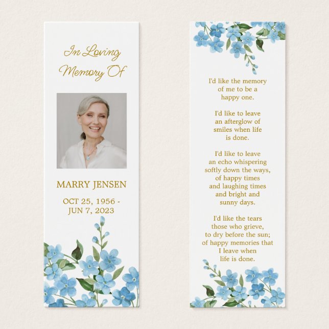 Forget me not Photo Funeral Memorial Bookmark (Vorne & Hinten)