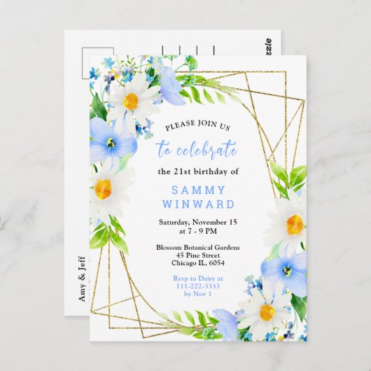 Forget Me Nots and Daisies Birthday Party Postkarte (Vorne/Hinten)