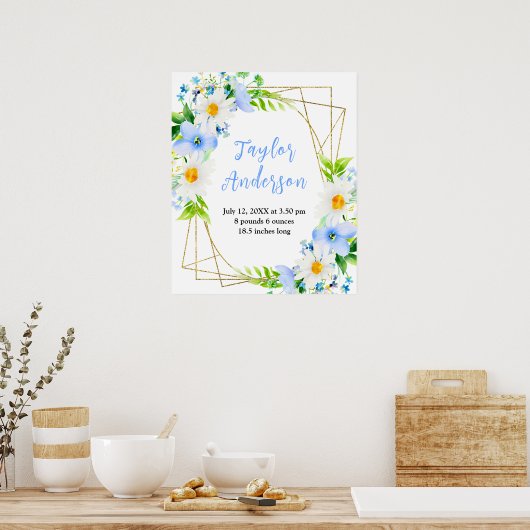 Forget-Me-Nots and Daisies Floral Baby Birth Stats Poster (Küche)
