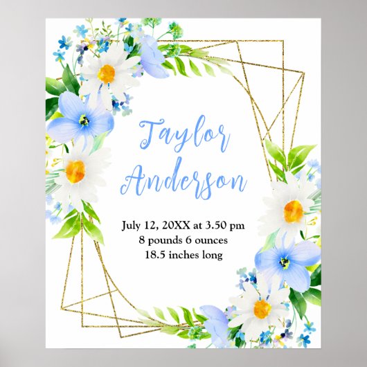 Forget-Me-Nots and Daisies Floral Baby Birth Stats Poster (Vorne)