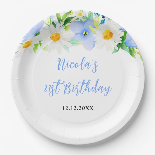 Forget-Me-Nots and Daisies Floral Birthday Pappteller (Vorderseite)