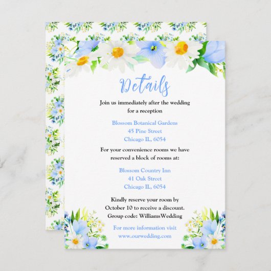 Forget-Me-Nots and Daisies Floral Wedding Details Begleitkarte (Vorne/Hinten)