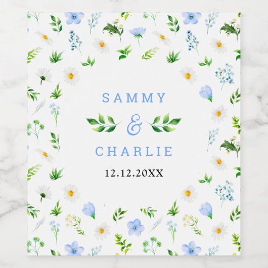 Forget-Me-Nots and Daisies Floral Wedding Weinetikett (Einzelnes Label)