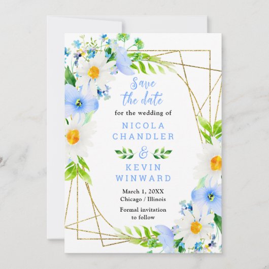Forget Me Nots and Daisies Wedding Save The Date (Vorderseite)