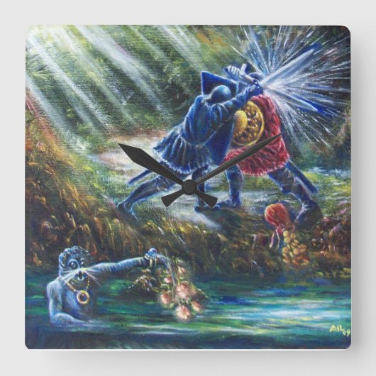 FORGOTTEN ROSE Fighting Knights,Money and Devil Quadratische Wanduhr (Vorderseite)