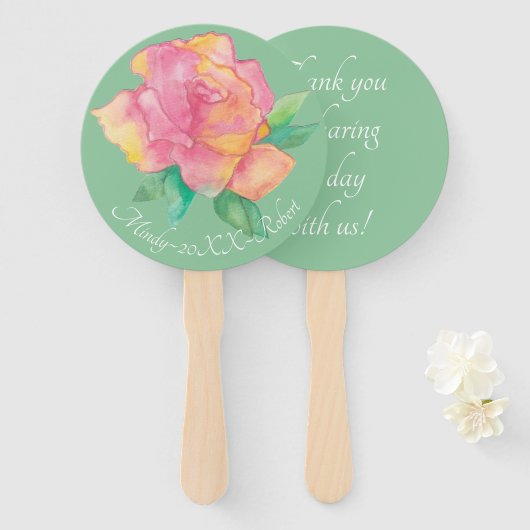 Form: Runder Hand-Lüfter "Rosa Blume" Fächer (Vorne und Hinten)