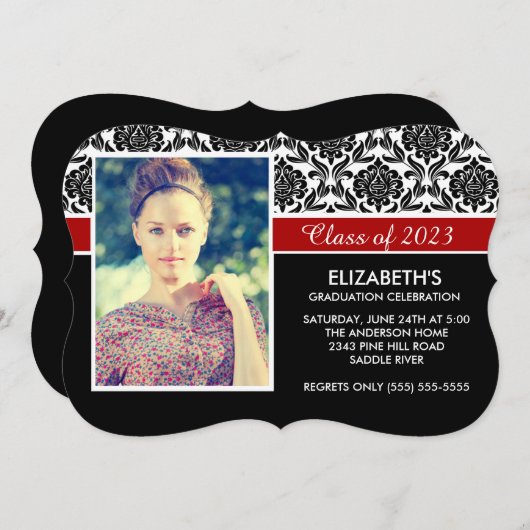Formal 2014 Schwarz-weiß Damask Foto Abschluss Einladung (Vorne/Hinten)