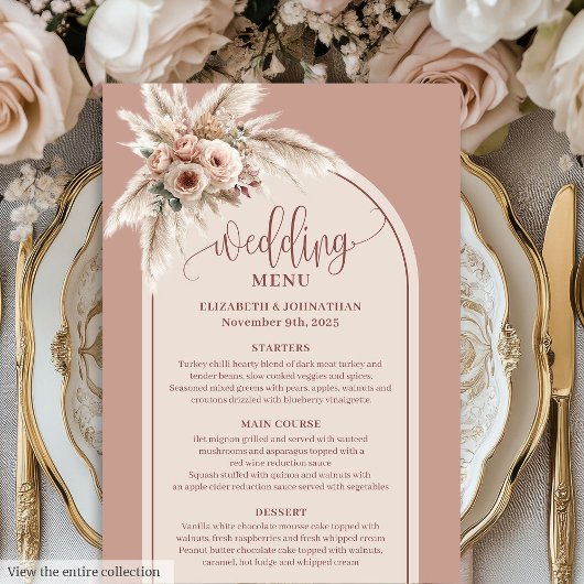 Formal Arch Pastel Pink Pampas Floral Wedding Menu Menükarte