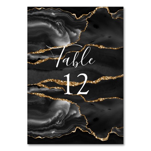 Formal Black Agate Gold Glitzer Table Card Tischnummer (Rückseite)