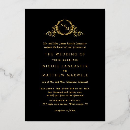 Formal Black and Real Gold Foil Monogram Wedding Folieneinladung (Vorderseite)