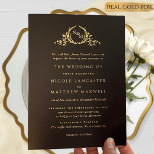 Formal Black and Real Gold Foil Monogram Wedding Folieneinladung