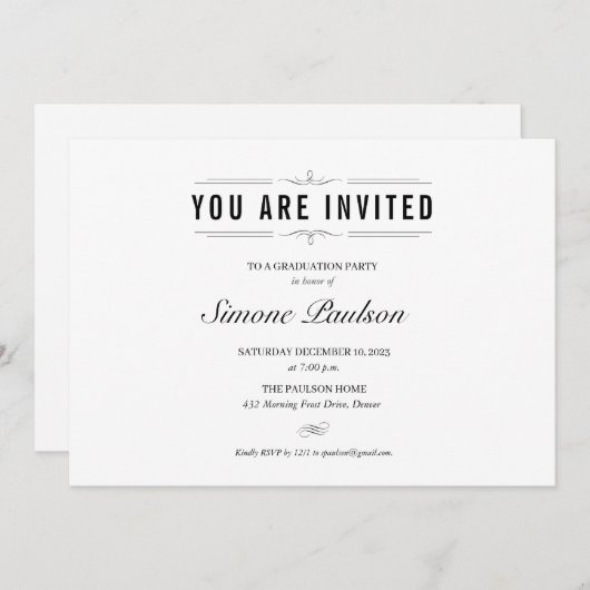 Formal Black and White Graduation Party Einladung (Vorne/Hinten)