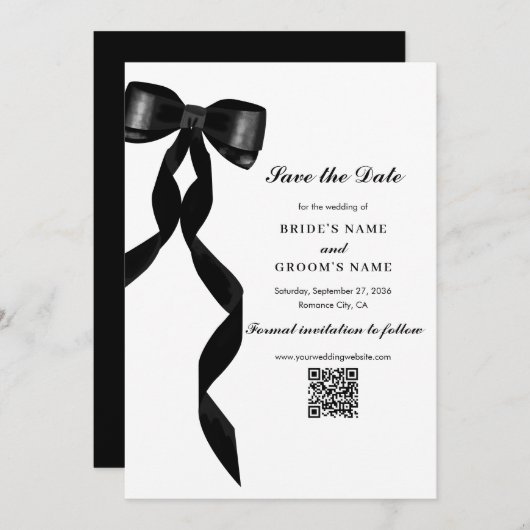Formal Black Bow Ribbon Elegante Hochzeit Save The Date (Vorne/Hinten)