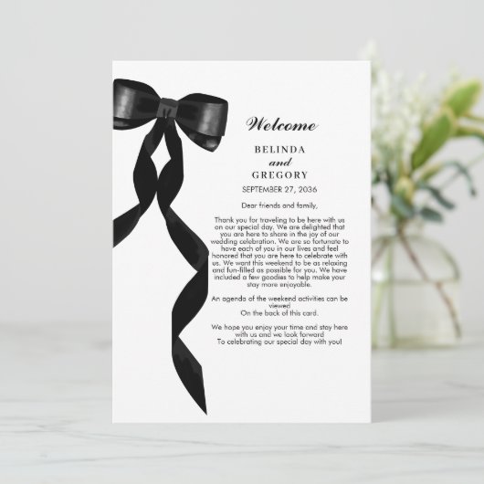Formal Black Bow Ribbon Elegante Hochzeitsreise Programm (Stehend Vorderseite)
