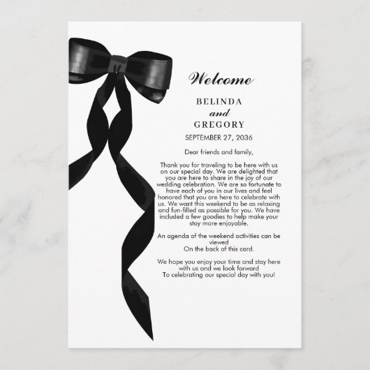 Formal Black Bow Ribbon Elegante Hochzeitsreise Programm (Vorderseite)