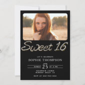 Formal Black Classy Rhinestones Sweet 16 Foto Einladung (Vorderseite)