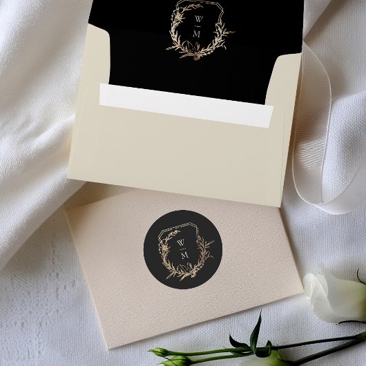 Formal Black & Cream Monogram Gold Wreath Wedding Runder Aufkleber