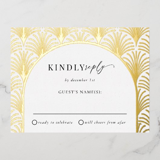 Formal Black Krawatte Gold Art Deco Hochzeit RSVP Folie Einladungspostkarte (Vorderseite)