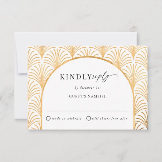 Formal Black Krawatte Gold Art Deco Hochzeit RSVP Karte (Vorderseite)