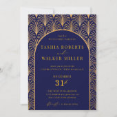 Formal Black Krawatte Gold Art Deco Navy Blue Wedd Einladung (Vorderseite)