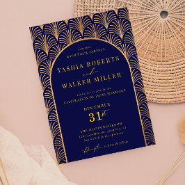 Formal Black Krawatte Gold Art Deco Navy Blue Wedd Einladung