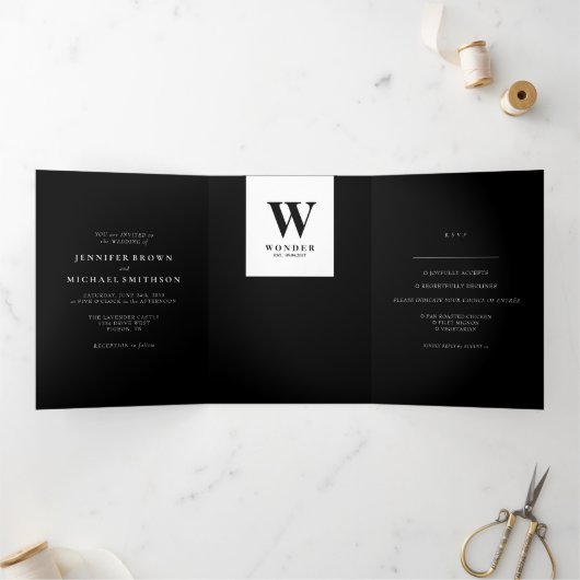 Formal Black Modern Monogram Design Wedding Dreifach Gefaltete Karte (Innenseite)