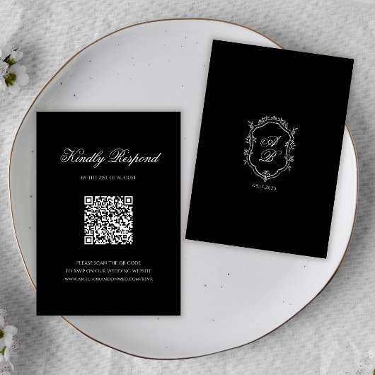 Formal Black QR Code Monogram Crest Wedding RSVP Karte