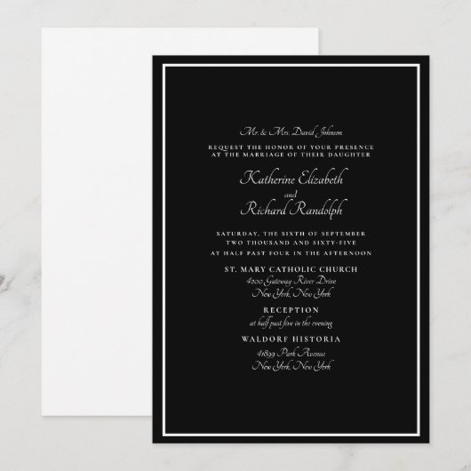 Formal Black Wedding Bride Eltern Einladung (Vorne/Hinten)