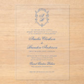 Formal Blue Floral Monogram Wappen & Script Weddin Acryleinladungen (Vorderseite)