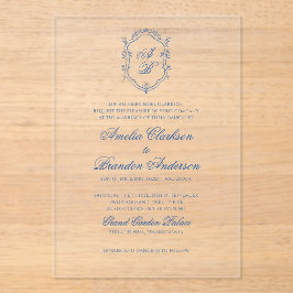 Formal Blue Floral Monogram Wappen & Script Weddin Acryleinladungen