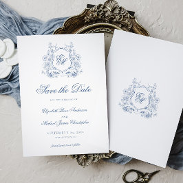 Formal Blue Floral Wappen Monogram Elegant Wedding Save The Date