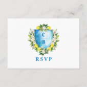 Formal Blue Floral Wappen Wedding RSVP Begleitkarte (Rückseite)