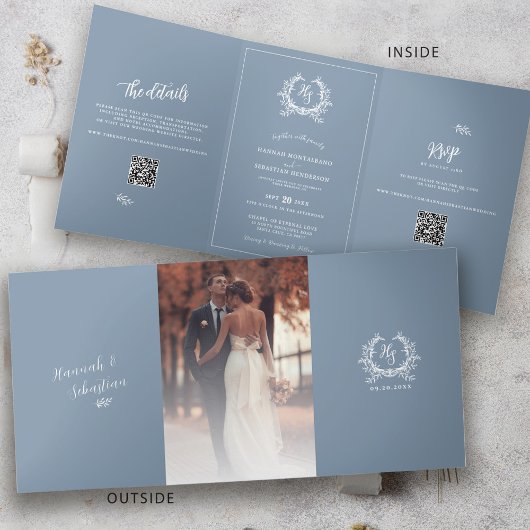 Formal Blue Foto QR Code UAWG Wedding Details Dreifach Gefaltete Karte