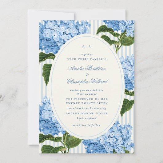 Formal Blue Preppy Hydrangea Garden Wedding Einladung (Vorderseite)