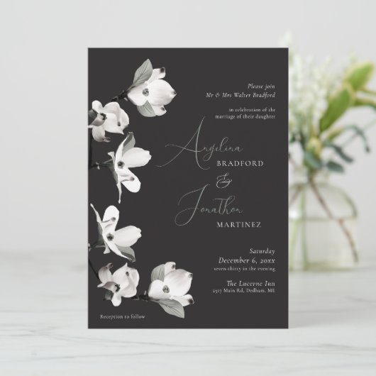 Formal Botanicial Dogwood Schwarz-weiß Sage Einlad Einladung (Stehend Vorderseite)