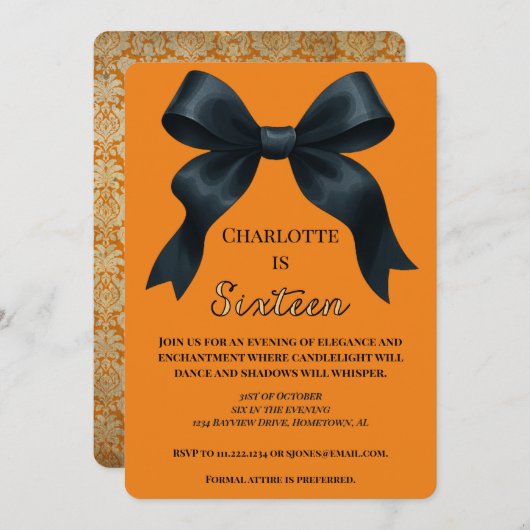 Formal Bow Halloween Birthday Invite - Orange Einladung (Vorne/Hinten)