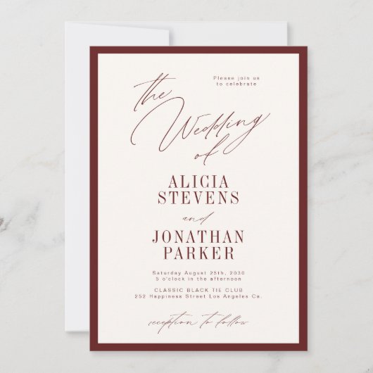 Formal burgundy ivory classic typography wedding einladung (Vorderseite)