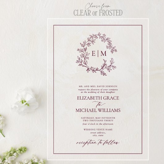 Formal Burgundy Leafy Wappen Monogram Wedding Acryleinladungen
