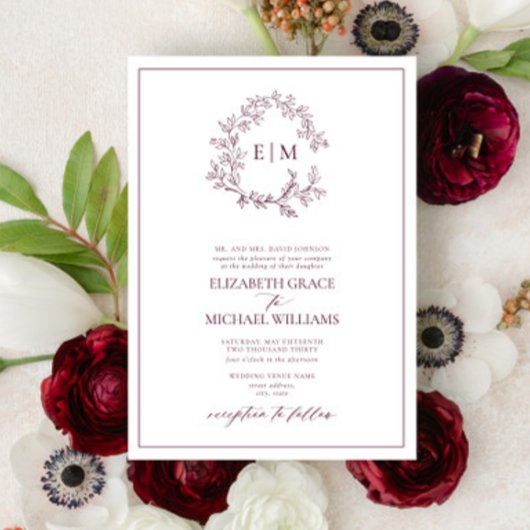 Formal Burgundy Leafy Wappen Monogram Wedding Einladung
