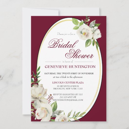 Formal Burgundy Red Floral Gold Brautparty Einladung (Vorderseite)