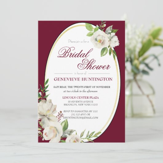 Formal Burgundy Red Floral Gold Brautparty Einladung (Stehend Vorderseite)